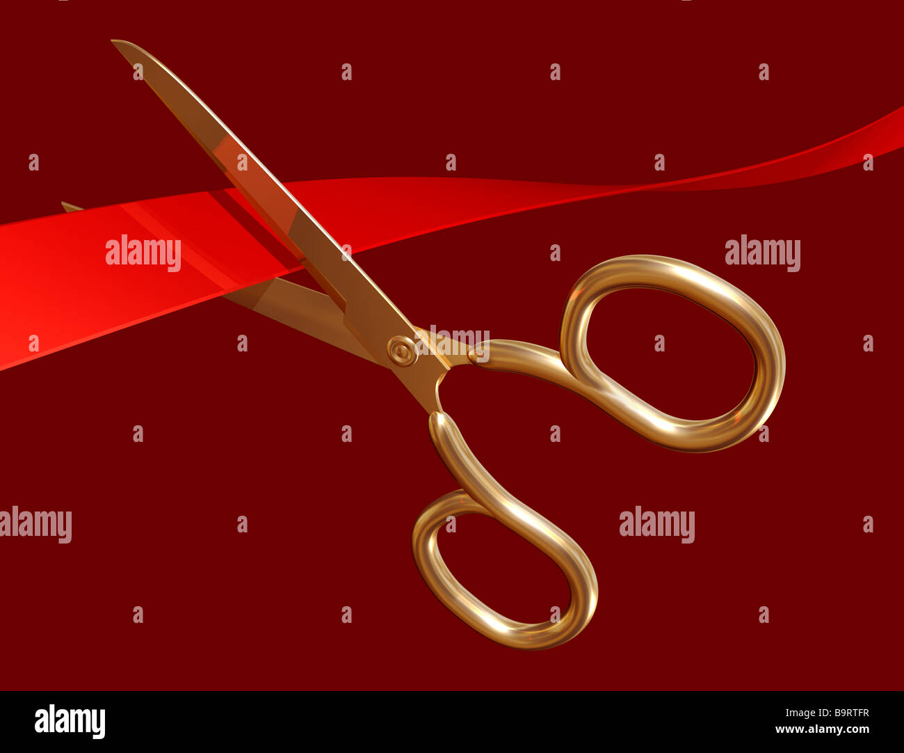 Illustration of golden scissors cutting through red tape Stock Photo