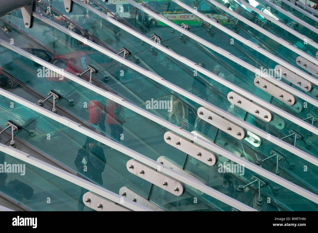 Looking through the glass roof of the Waverley shopping centre in Edinburgh, Scotland. Stock Photo