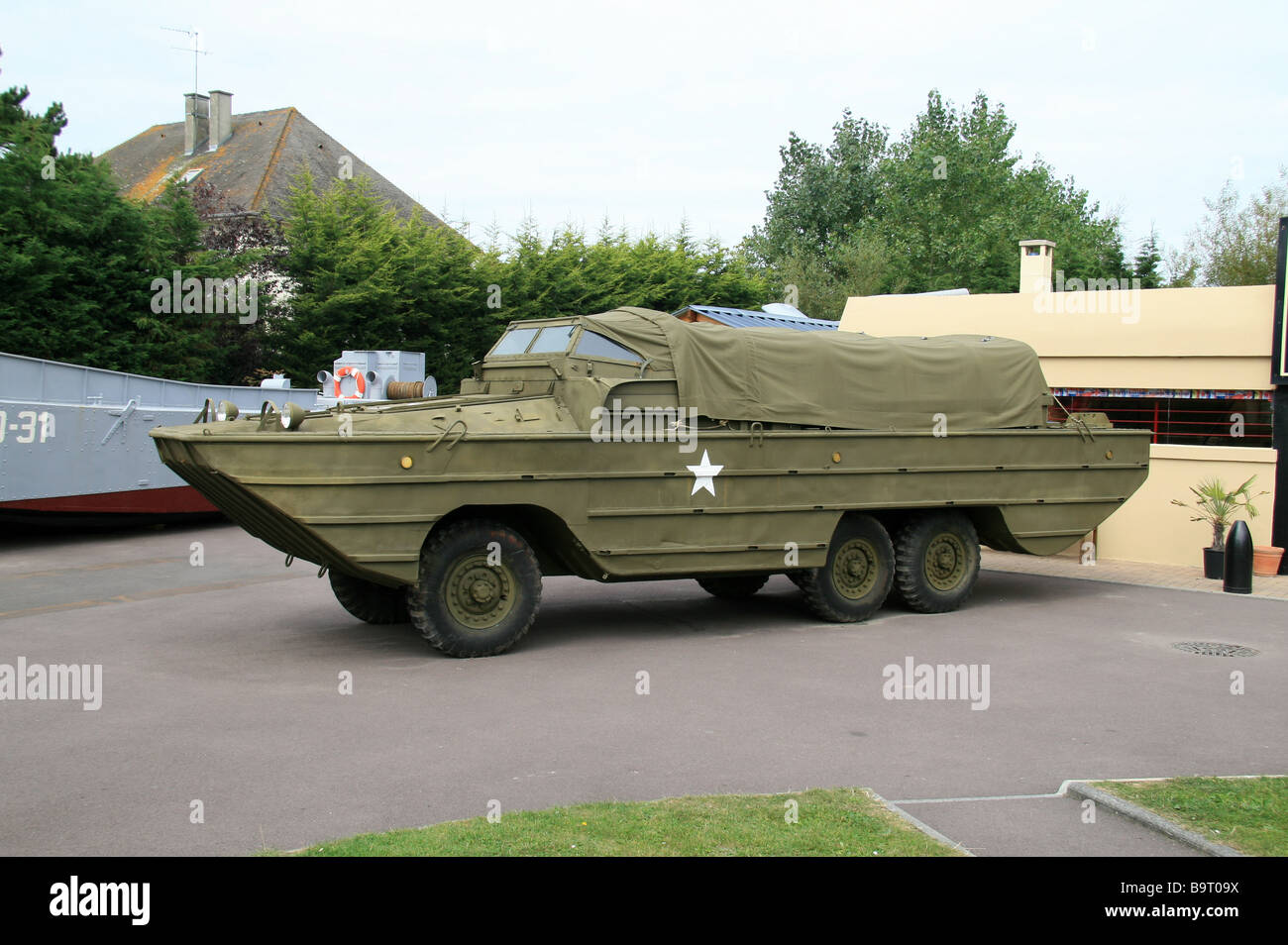A DUKW on display at the Grand Bunker (Le Grand Bunker Musee), the Atlantic Wall Museum, Ouistreham (Sword Beach), France. Stock Photo