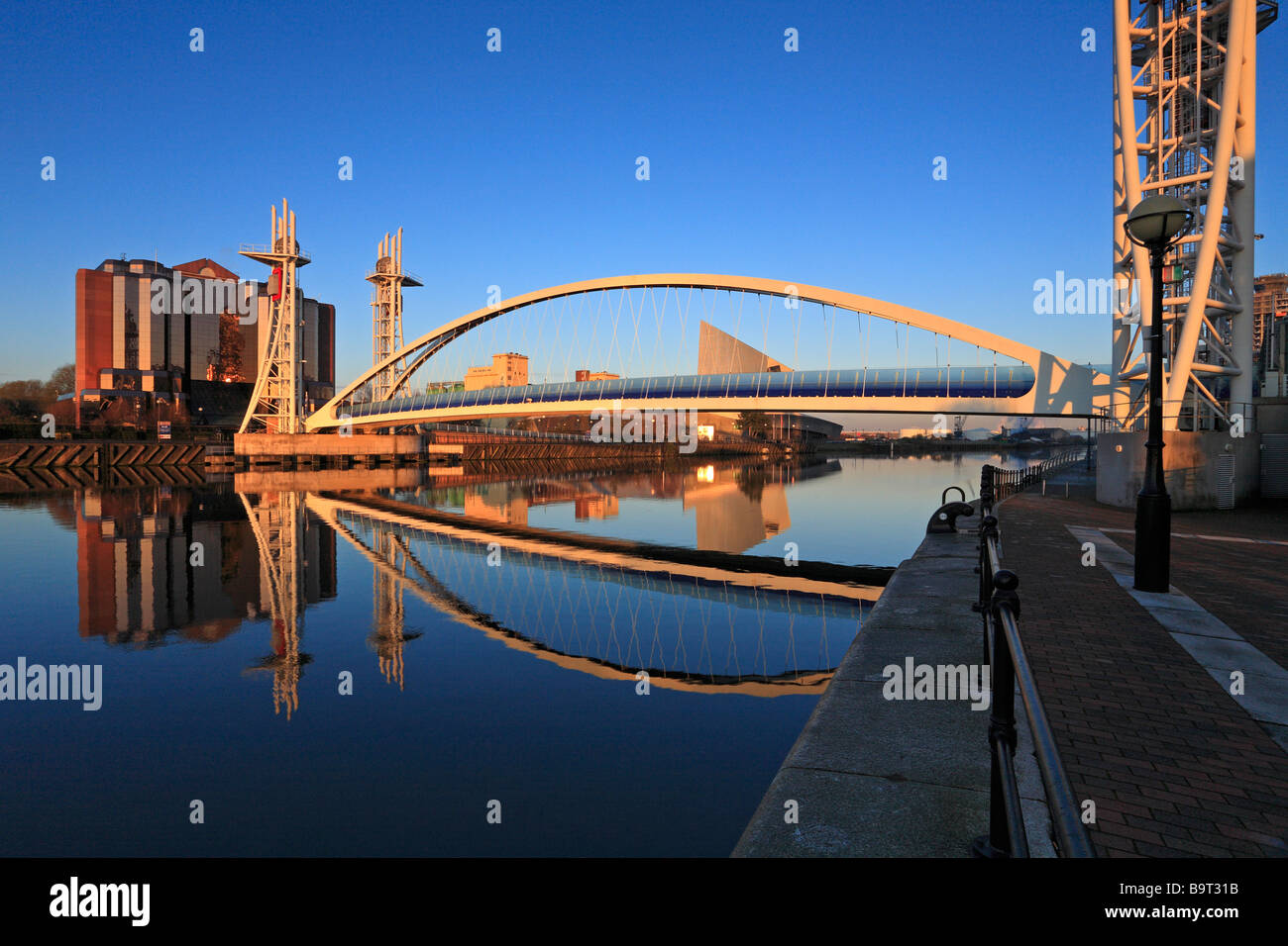 Quay West and Millennium Lift Bridge, Salford Quays, Manchester, Lancashire, England, UK. Stock Photo
