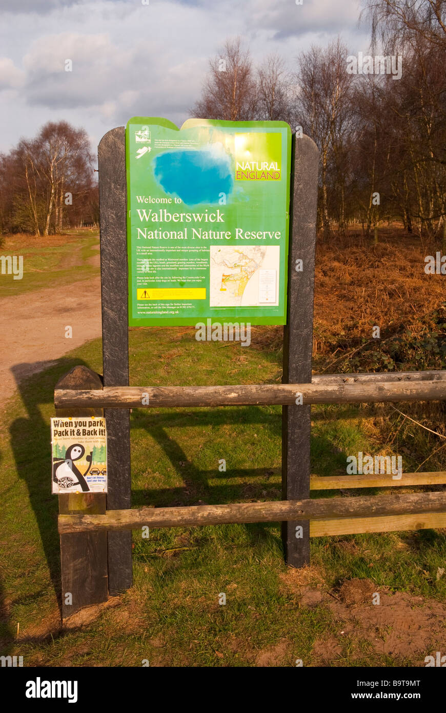 The Walberswick National Nature Reserve sign and entrance Stock Photo