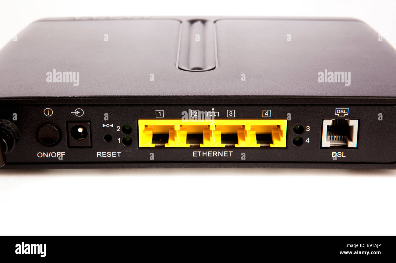 Wireless connectivity Ethernet connections on rear of Speedtouch wifi ADSL router Stock Photo