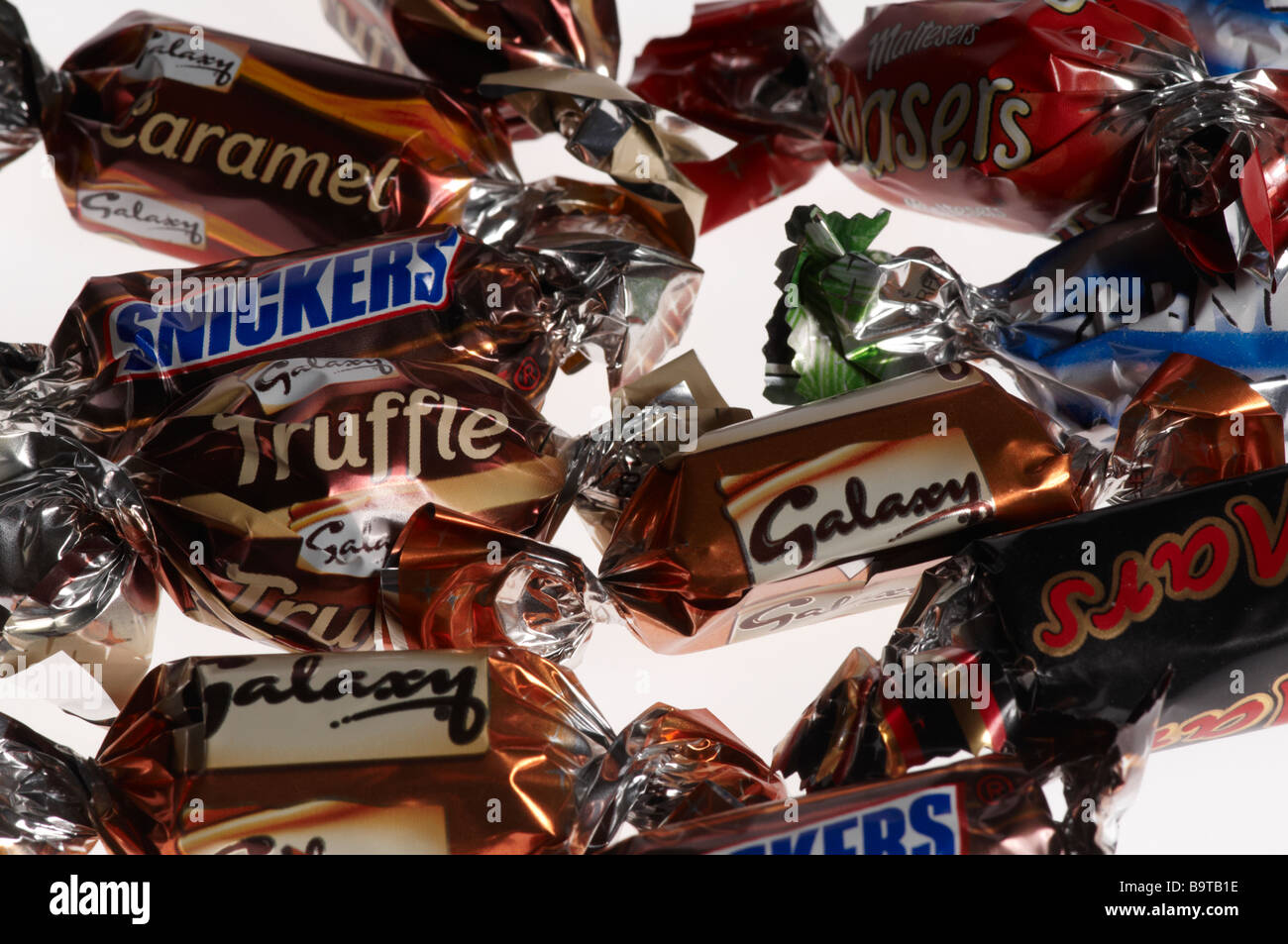Sweets chocolates mouth size bites Snickers Galaxy Truffle Caramel Mars Stock Photo