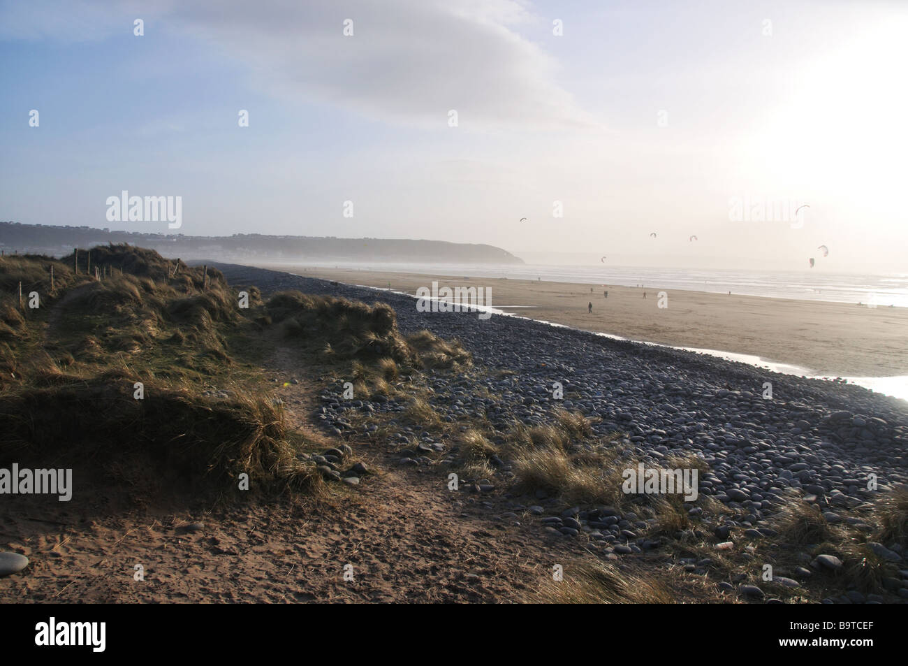 Beach landscape with kites Stock Photo