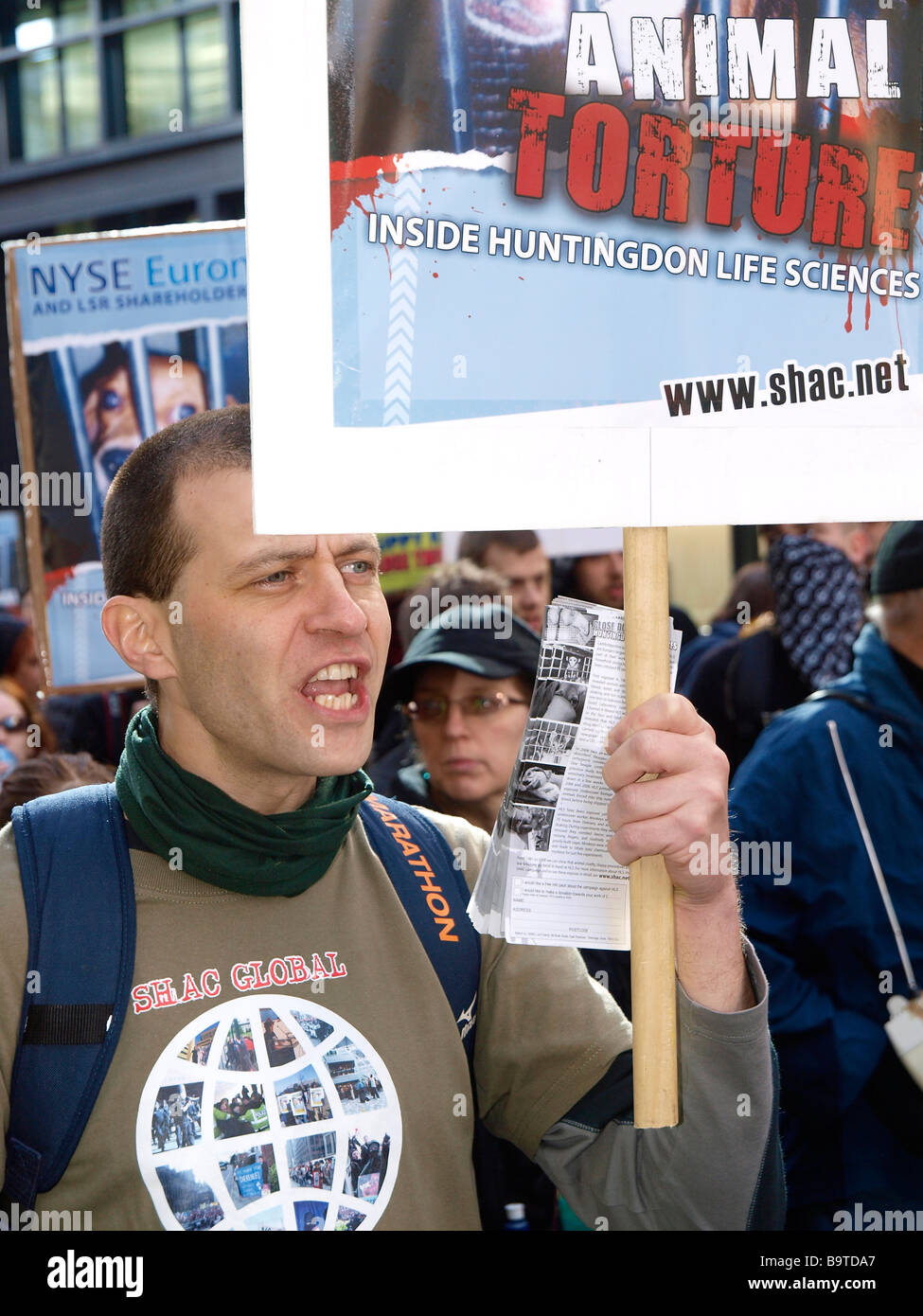 SHAC demonstration in London.The campaign Stop Huntingdon Animal Cruelty (SHAC) staged a march to protest against HLS investors Stock Photo