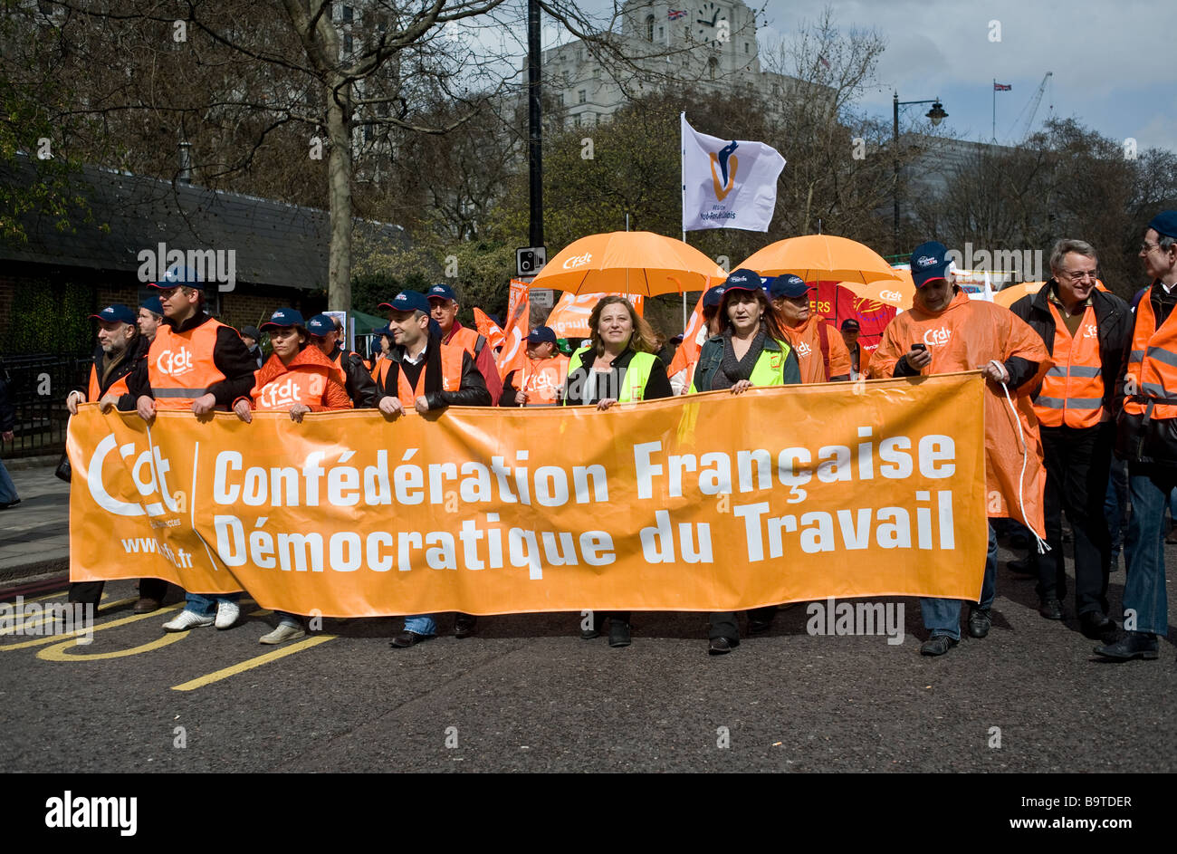 A group of French protesters marching at a peace demonstration in London. Stock Photo