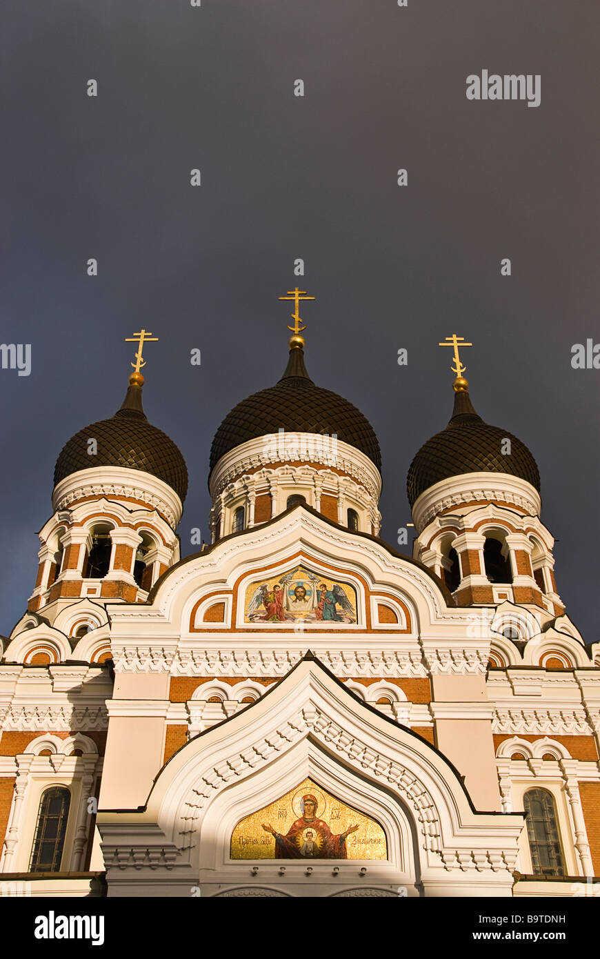 Towers of the Alexander Nevsky Cathedral at dusk, Tallin, Estonia, Europe Stock Photo