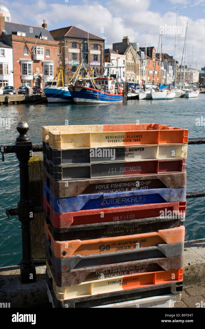 weymouth fish crates from all over seaside town dorset england uk gb