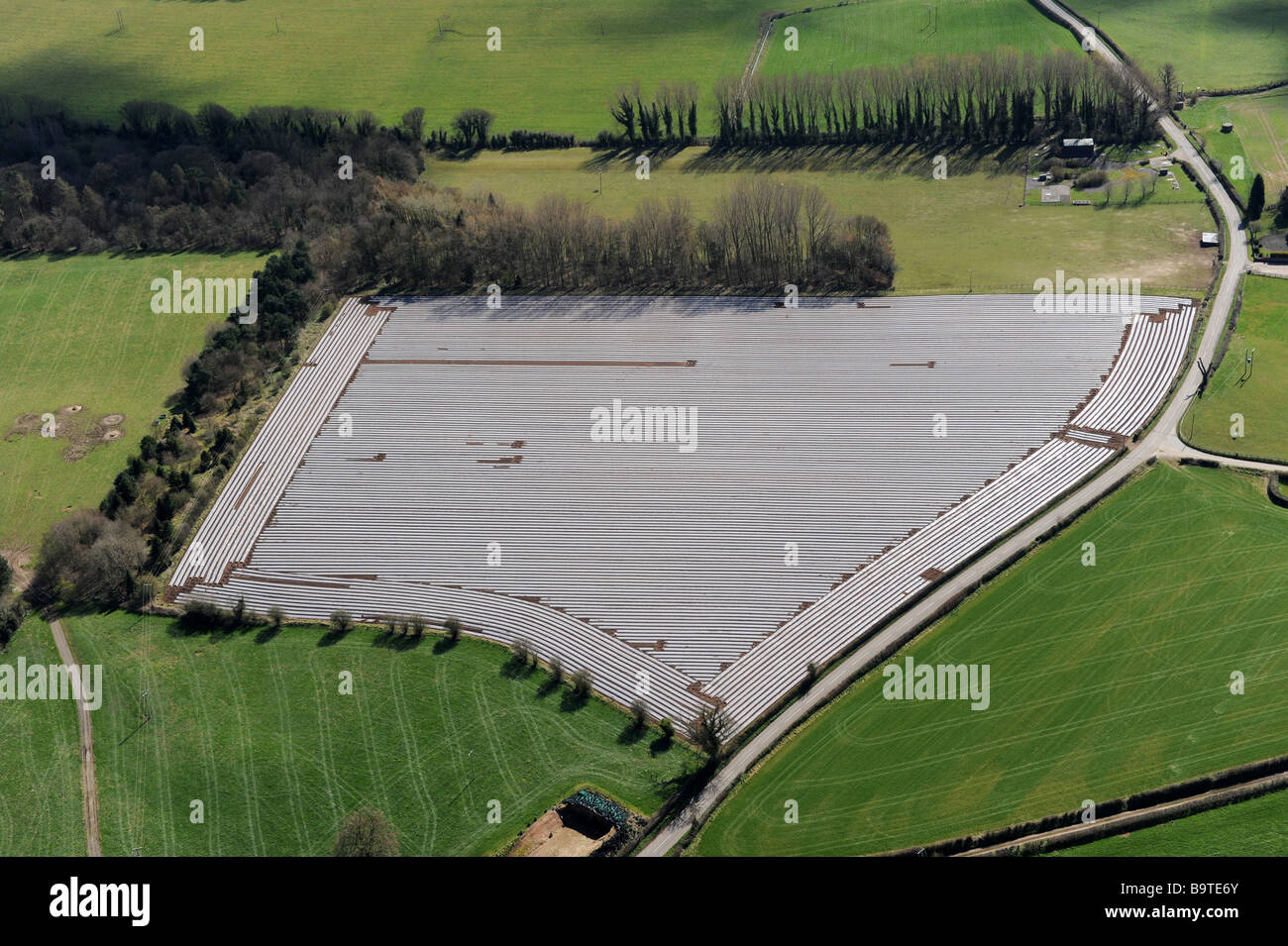 Aerial view of a field of polytunnels on farmland in Telford Shropshire England Uk Stock Photo