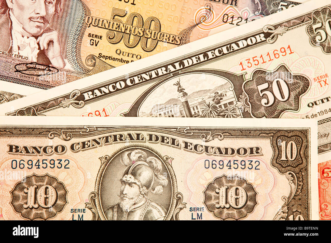 Money currency detail of Ecuador 10 50 and 500 sucre banknotes Stock Photo