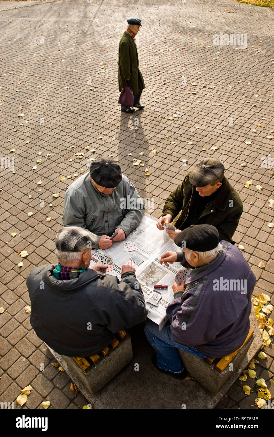 Group of old men playing cards in Wohrmann´s Garden, Riga, Latvia, Europe Stock Photo
