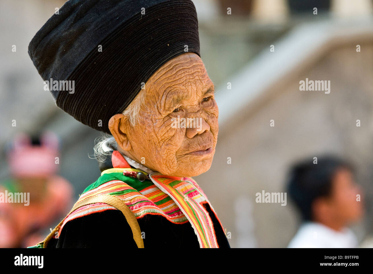 Portrait of an old Flower Hmong woman. Stock Photo