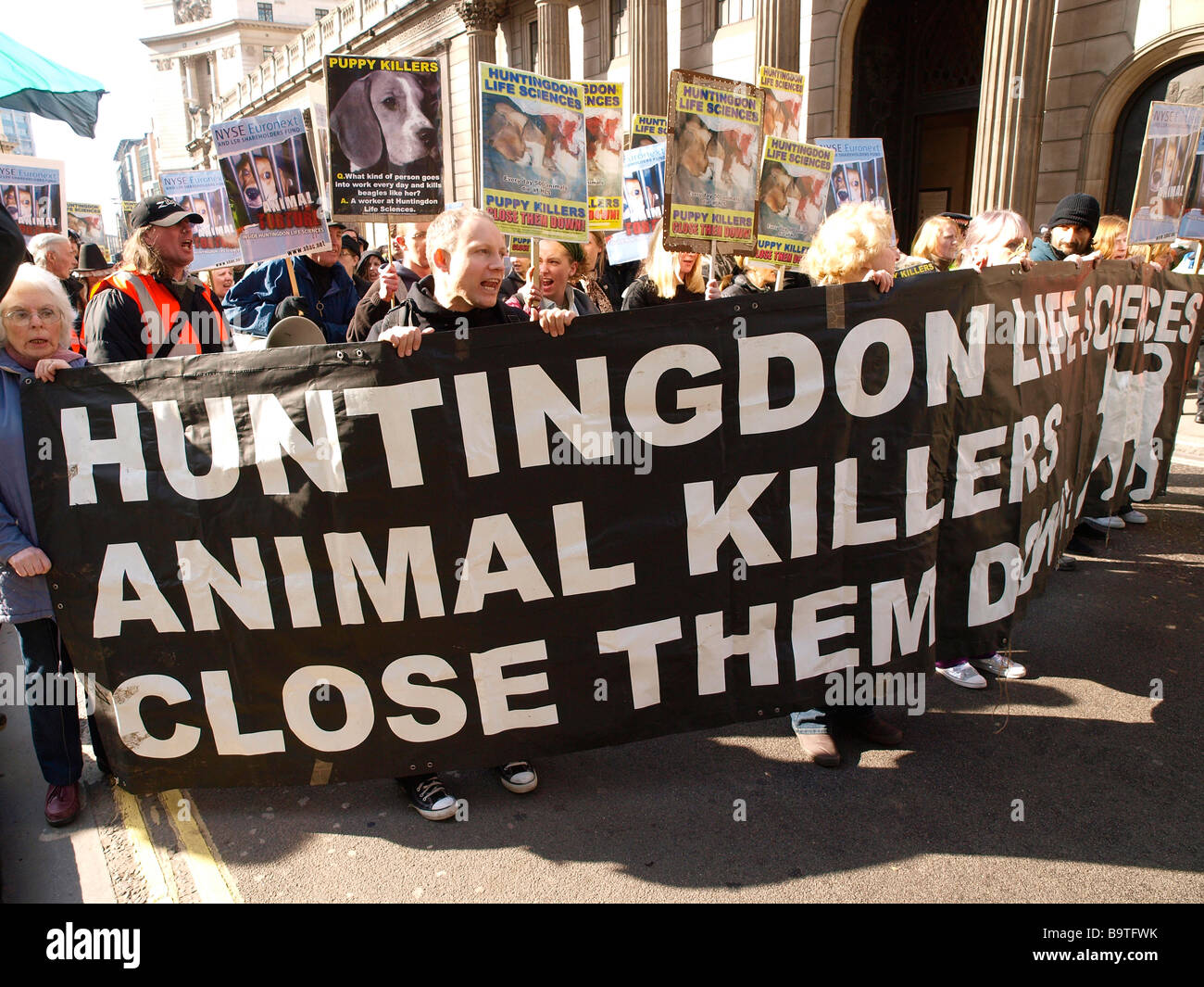 SHAC demonstration in London .The campaign Stop Huntingdon Animal Cruelty (SHAC) staged a march to protest against HLS investors Stock Photo