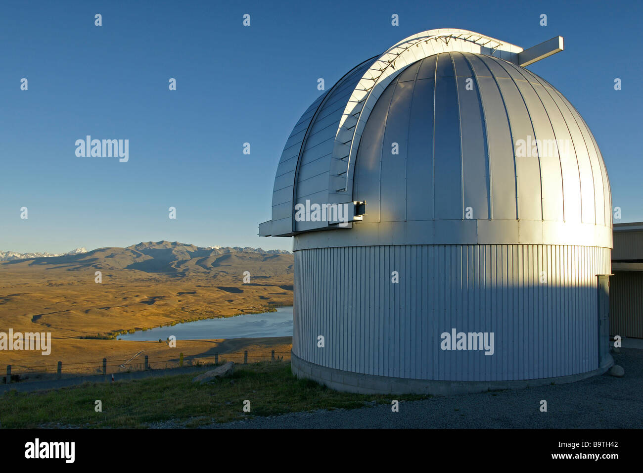 New Zealand's largest telescope at sunrise which is located at Mt John Observatory, Lake Tekapo. Stock Photo