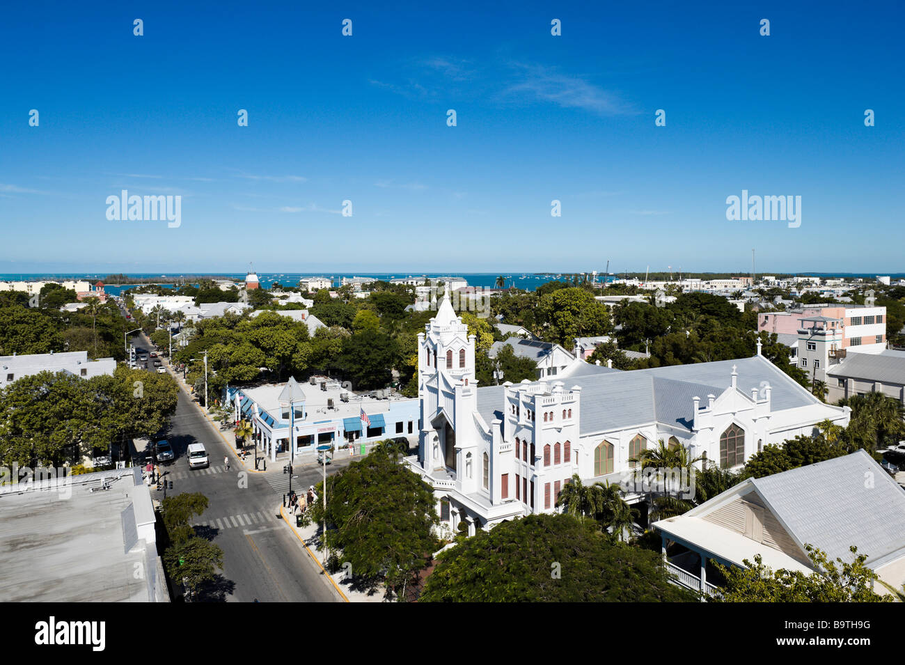 View down Duval Street from the roof of the Crowne Plaza La Concha Hotel, Key West, Florida Keys, USA Stock Photo
