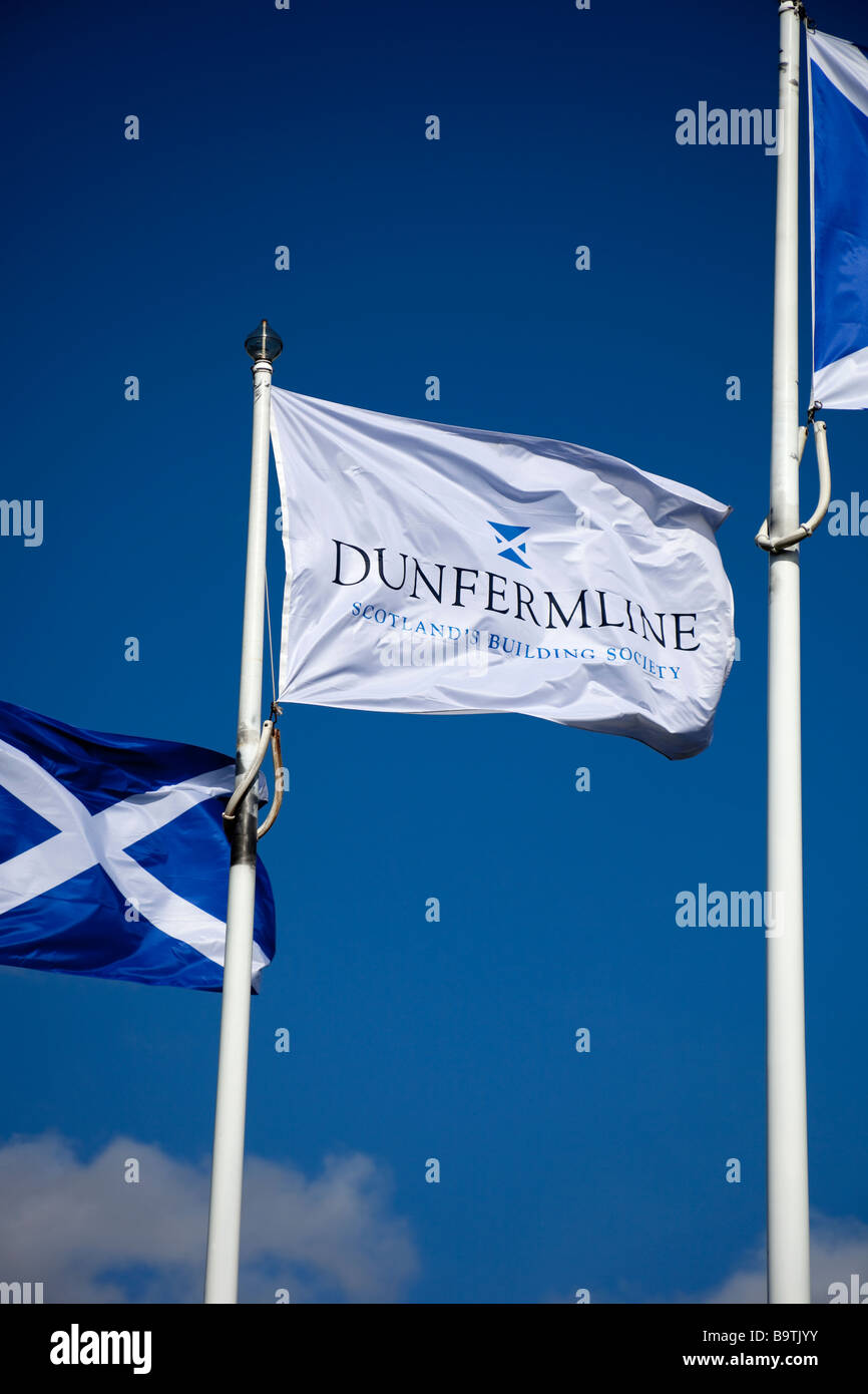 Flags flying Dunfermline Building Society, Head Office, Fife, Scotland, UK, Europe Stock Photo