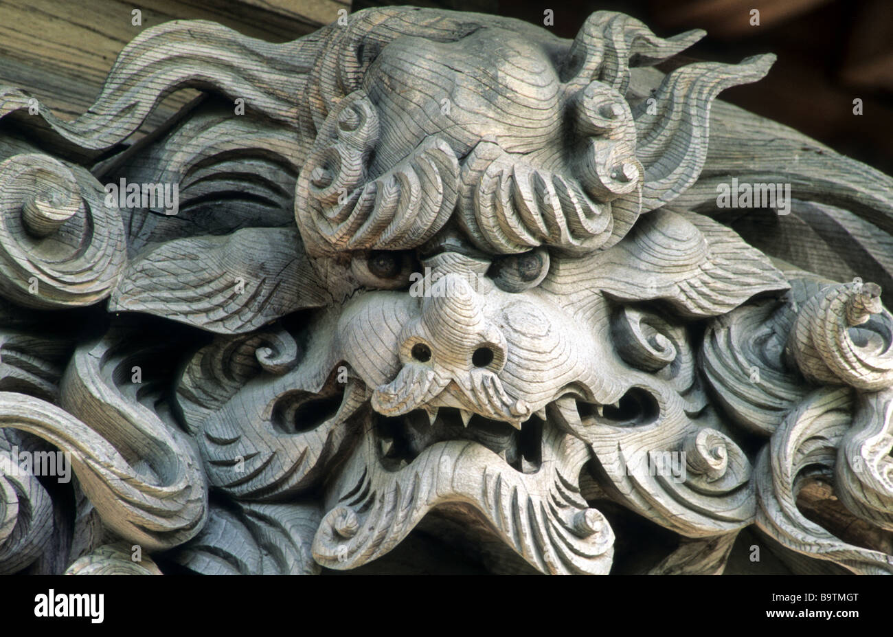 Closeup view of wood carving depiction of dragon at Chion ji temple