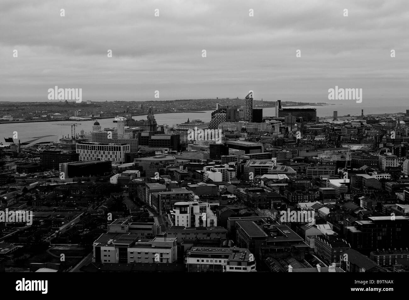 Overlooking the city of Liverpool. Black and White Stock Photo