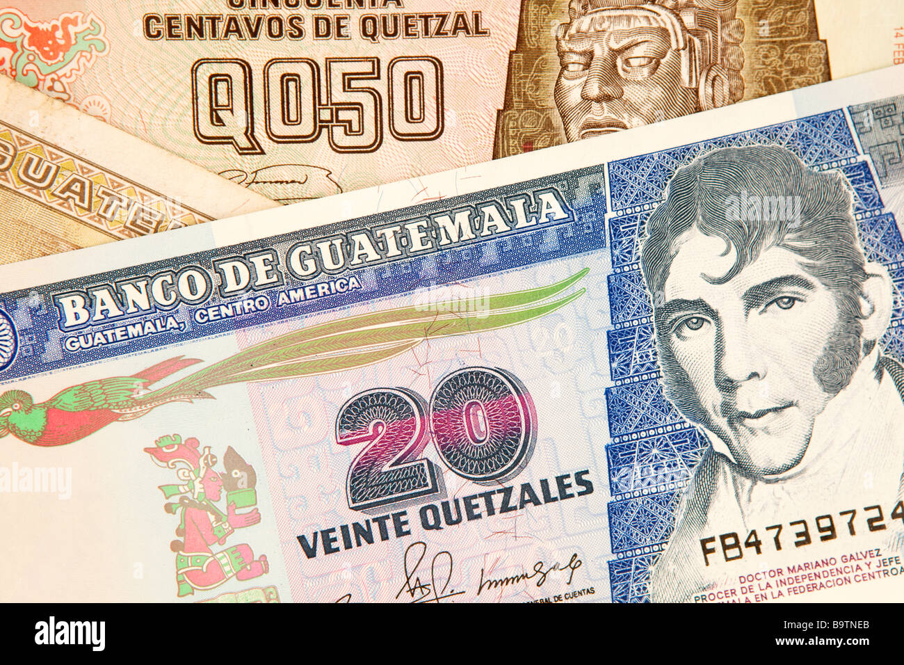 Money currency detail of Guatemalan 20 Quetzal and 50 centavos banknotes Stock Photo