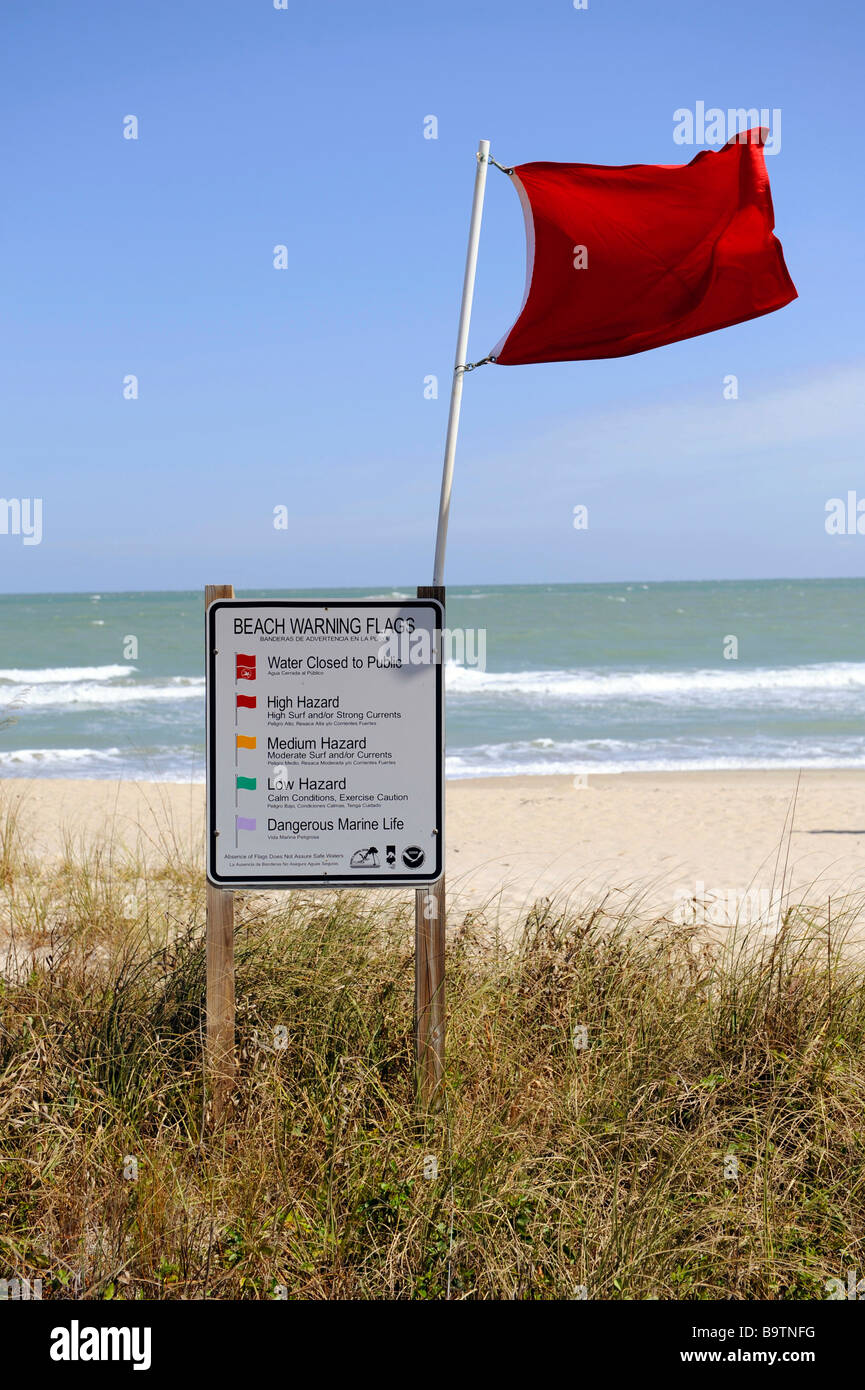 Red Beach Warning Flag at Avalon State Park Florida Atlantic East Coast US Stock Photo