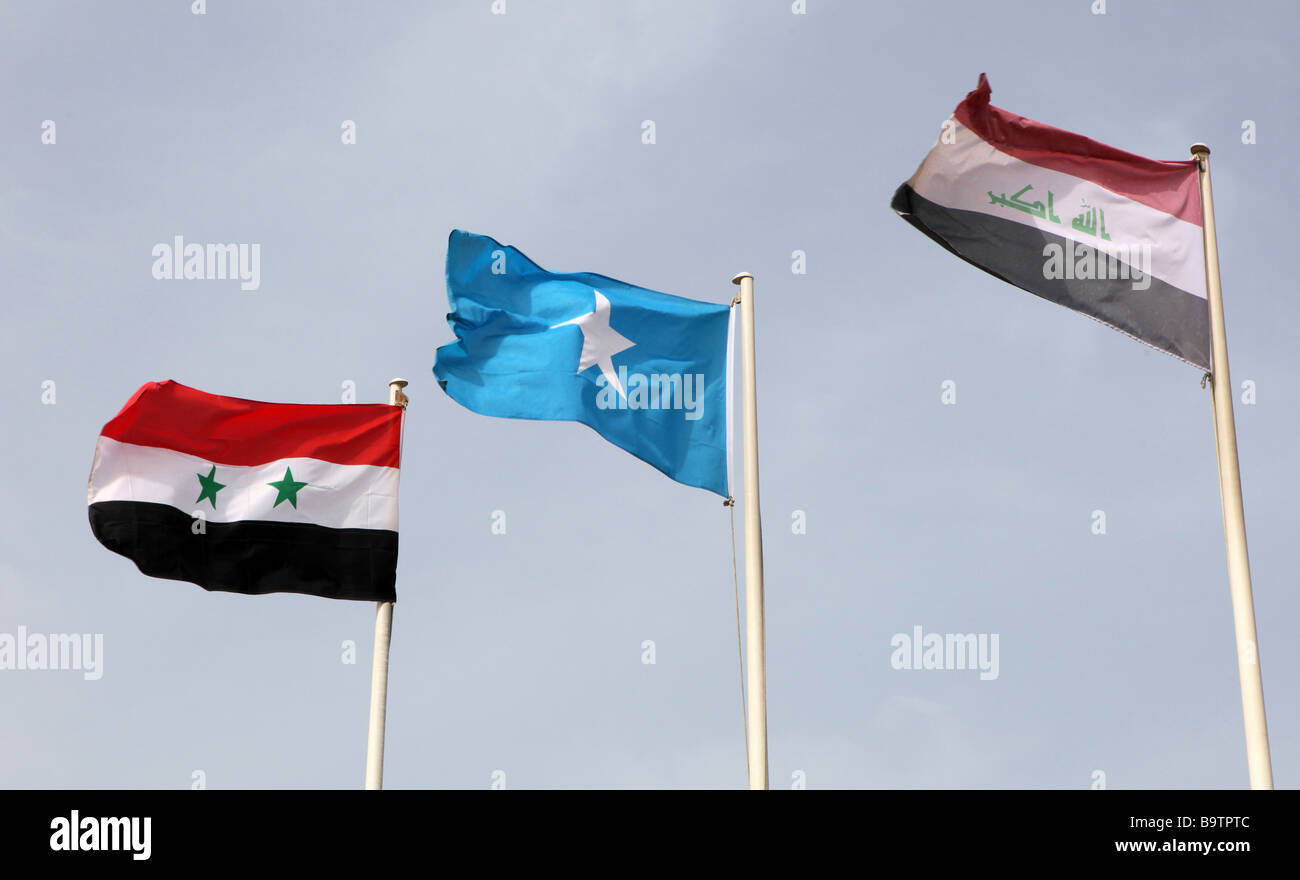 The new Iraqi flag right with the three Saddam era stars omitted the white star of Somalia and the Syrian flag Stock Photo