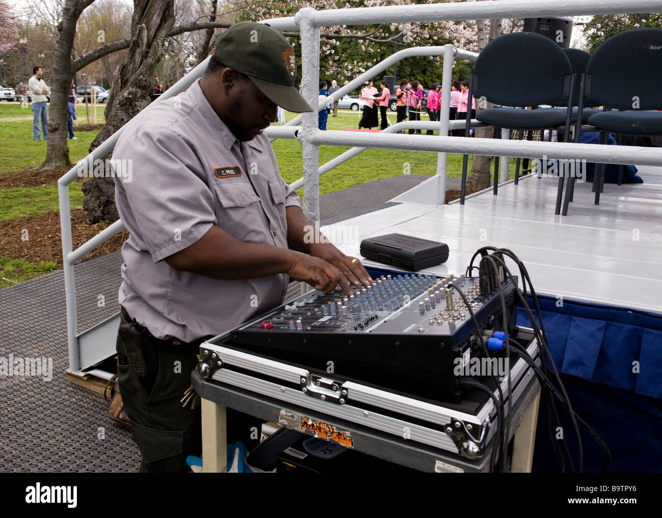 Audio technician outdoors Stock Photo Alamy