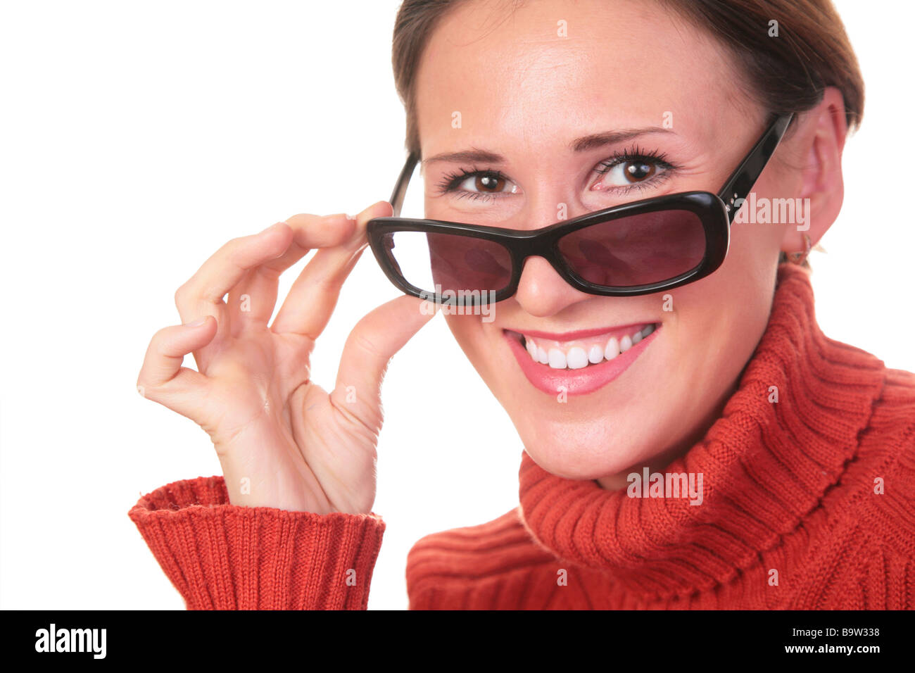 pretty woman in dark glasses and red sweater Stock Photo - Alamy