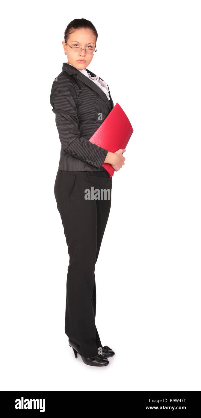 beautiful brown-haired woman stands with  red folder Stock Photo