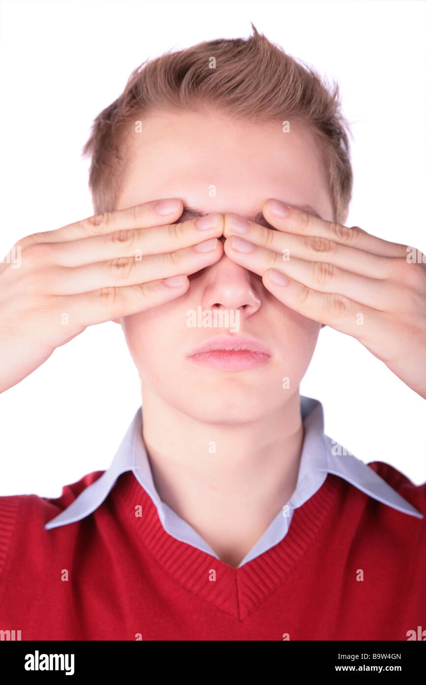 Boy in red jacket close eyes Stock Photo Alamy