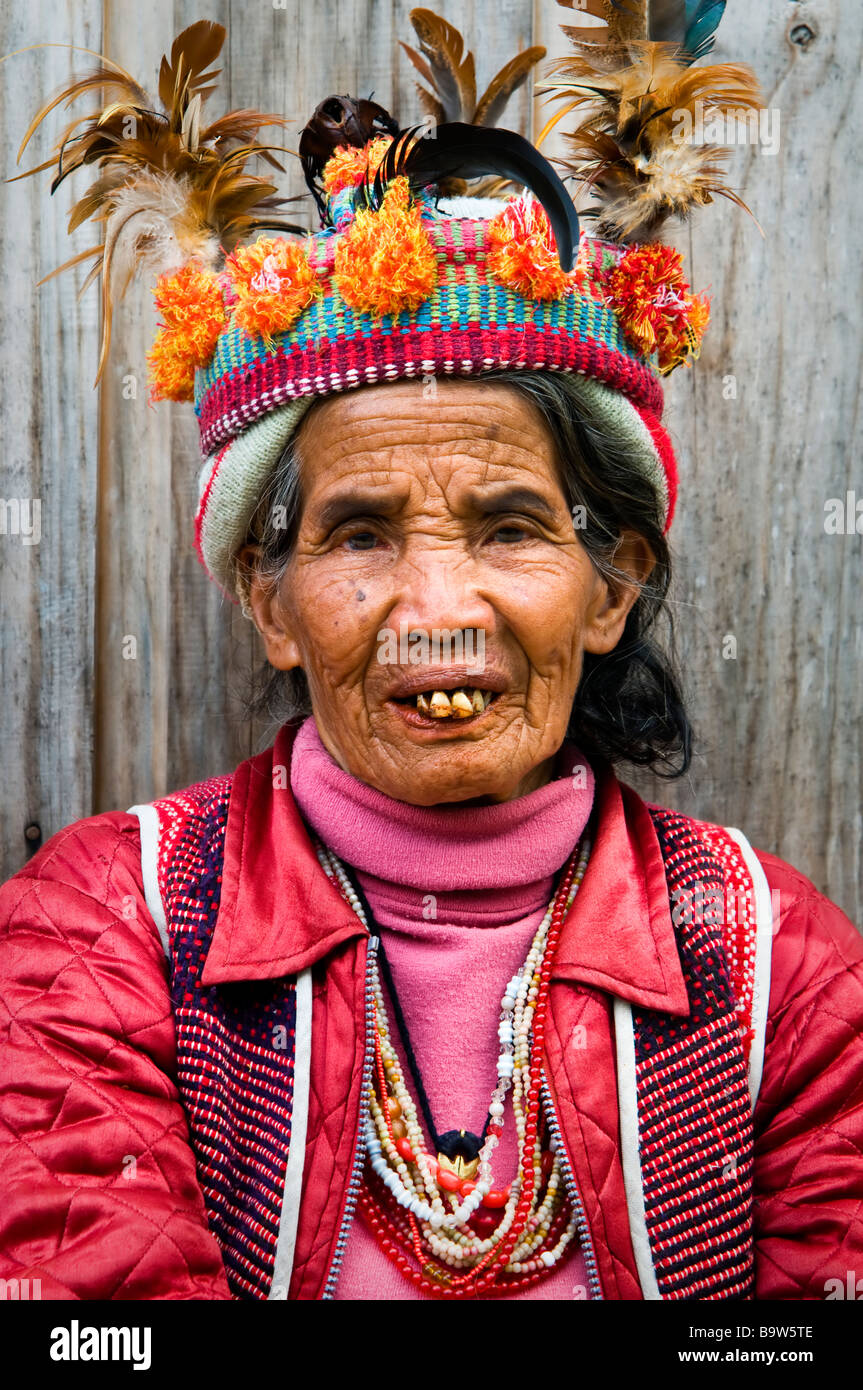 Ifugao elder dressed in the traditional manner at a viewpoint near Banaue. Stock Photo