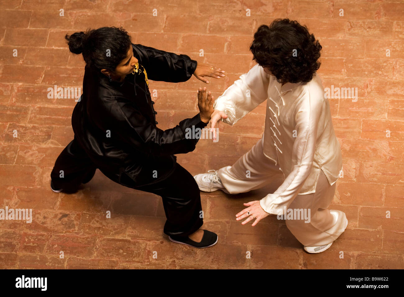Two women practise the Chinese martial art Tai Chi in Bangalore, India