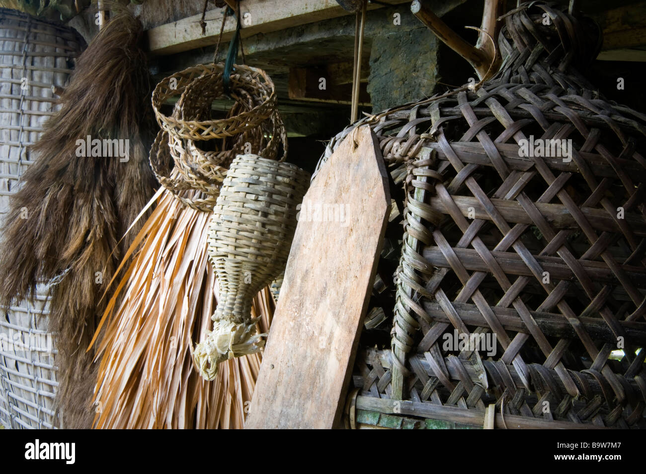 Basketwork in a traditional Ifugao house near Banaue. Stock Photo