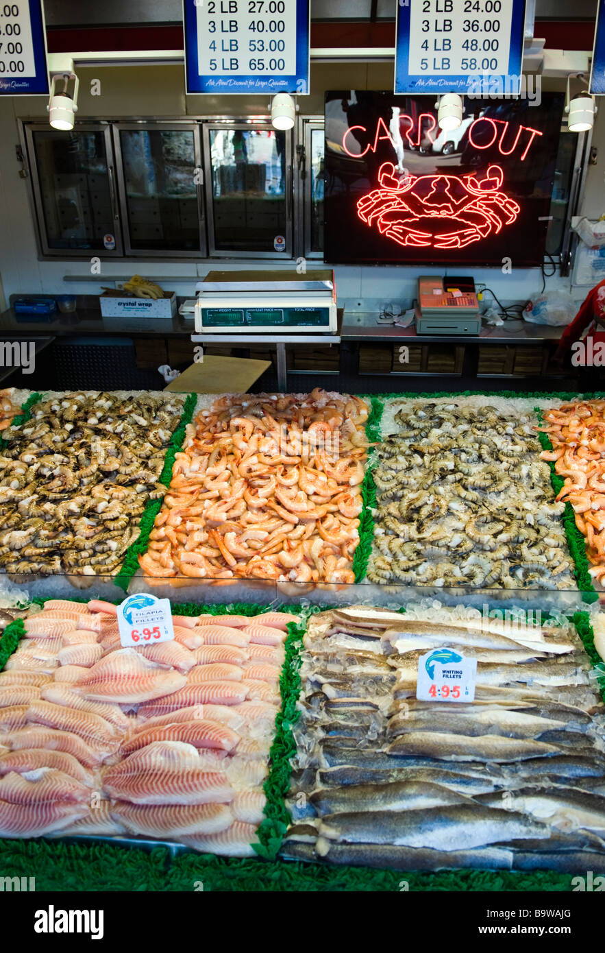 Fresh seafood displayed at the fish market at the Wharf in downtown