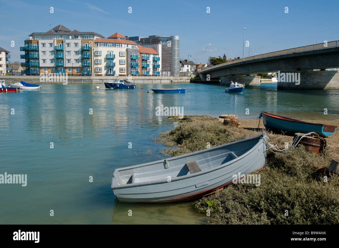 A small rowing boat on the riverbank at Shoreham, West Sussex, England. Stock Photo