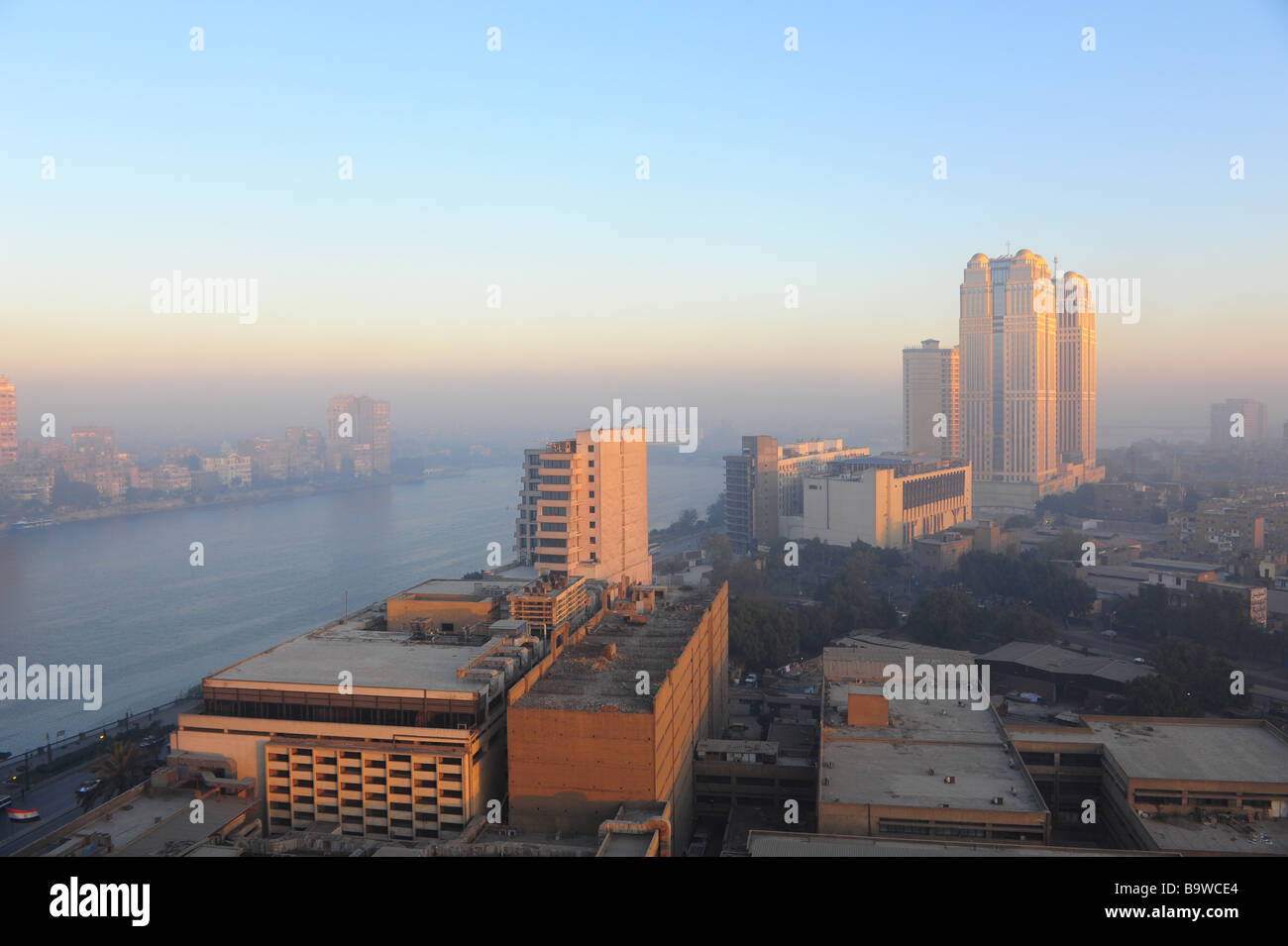 Egypt Cairo Nile River at sunrise with poor air quality pollution Stock Photo