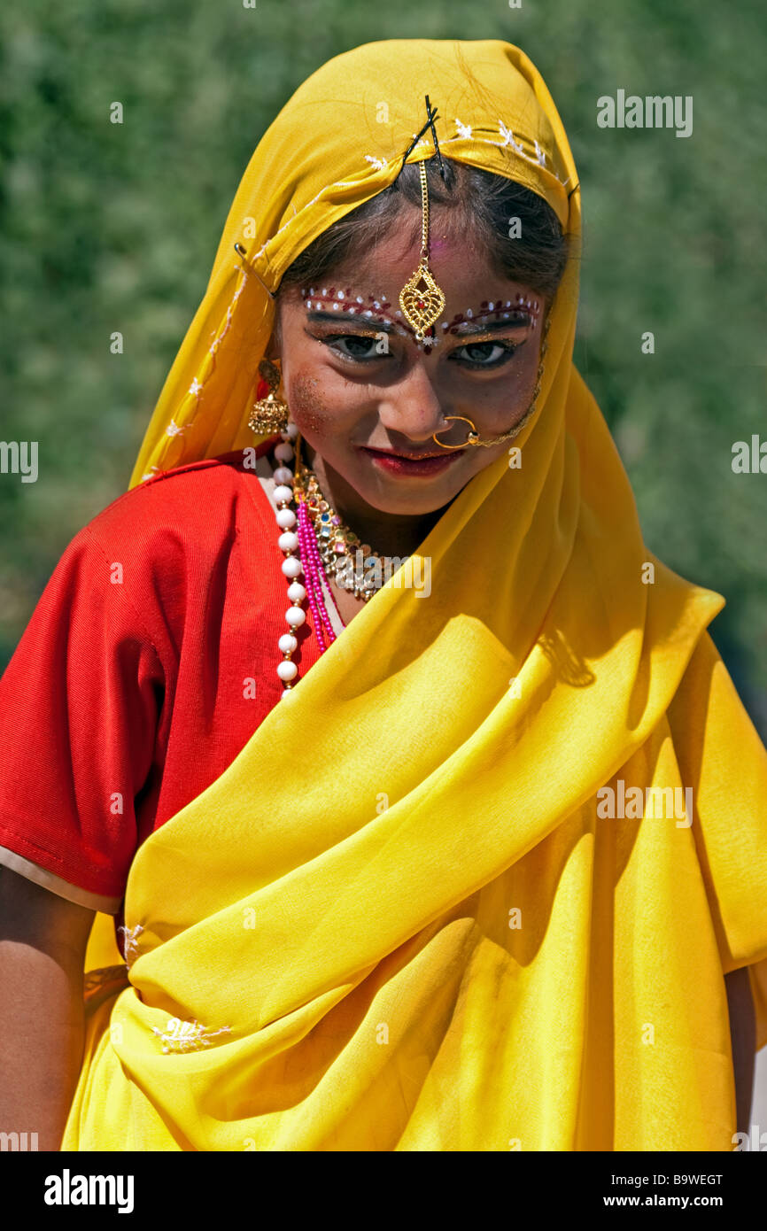 Young Indian girl dressed up for the pre Holi festivities, Almora, India Stock Photo
