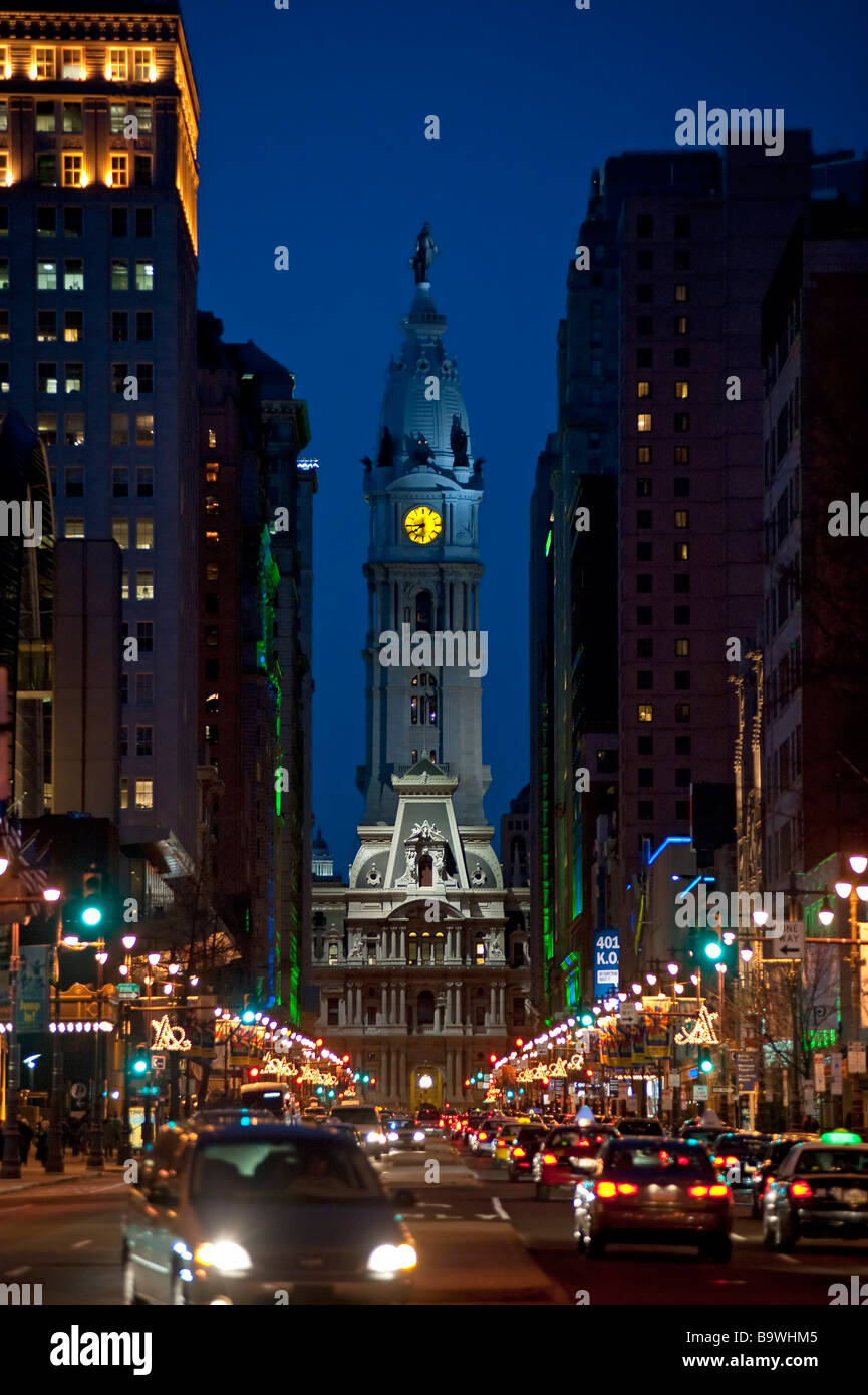 Broad Street nightlife leading to City Hall Philadelphia Pennsylvania USA Stock Photo