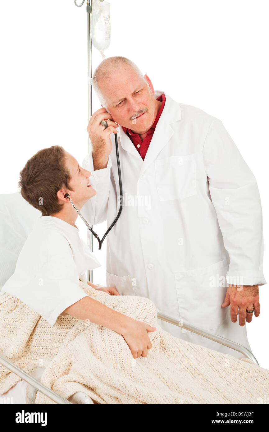 Cute little boy in the hospital being entertained by a friendly doctor Isolated on white  Stock Photo