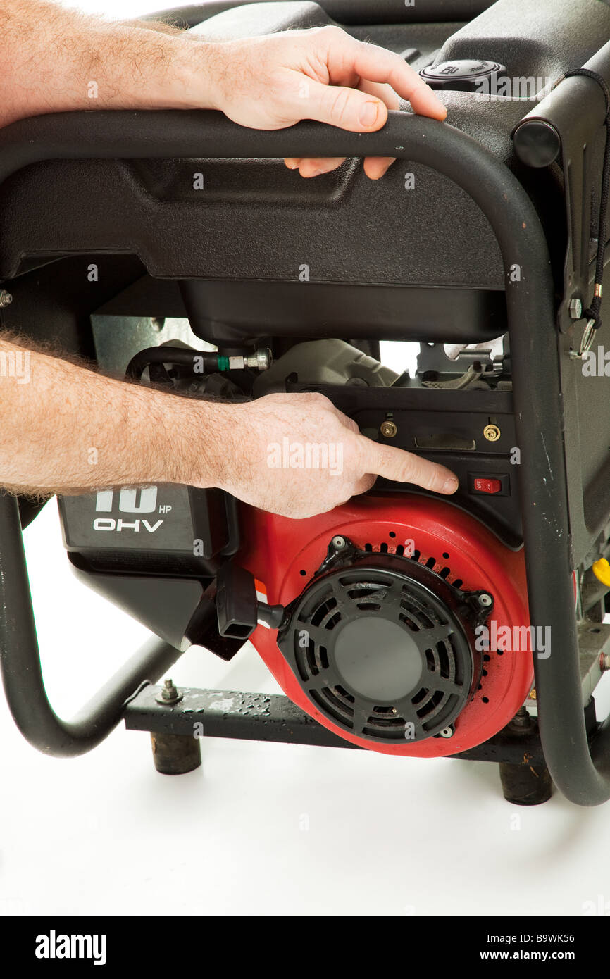 Man s hands pointing out the way to safely operate a portable emergency