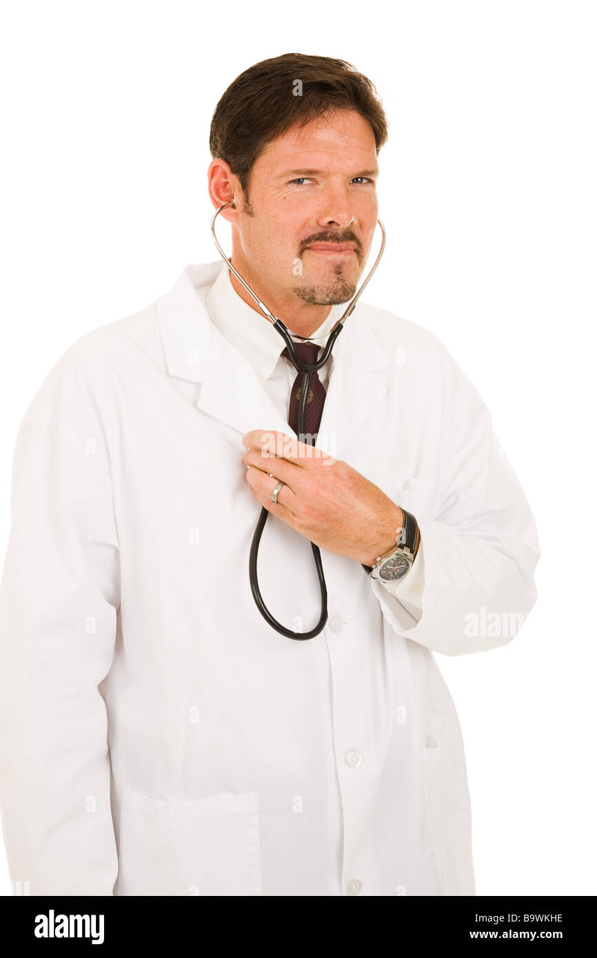 Handsome doctor listening to his own chest with a stethoscope Isolated