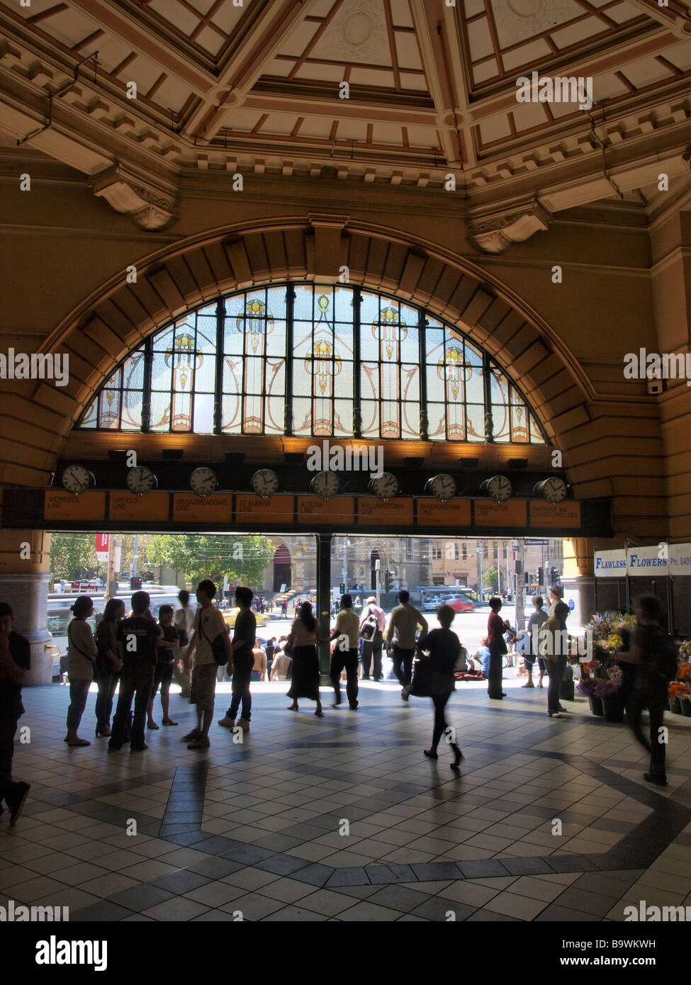 INTERIOR OF FLINDERS STREET RAILWAY STATION WITH STAINED GLASS WINDOWS ...