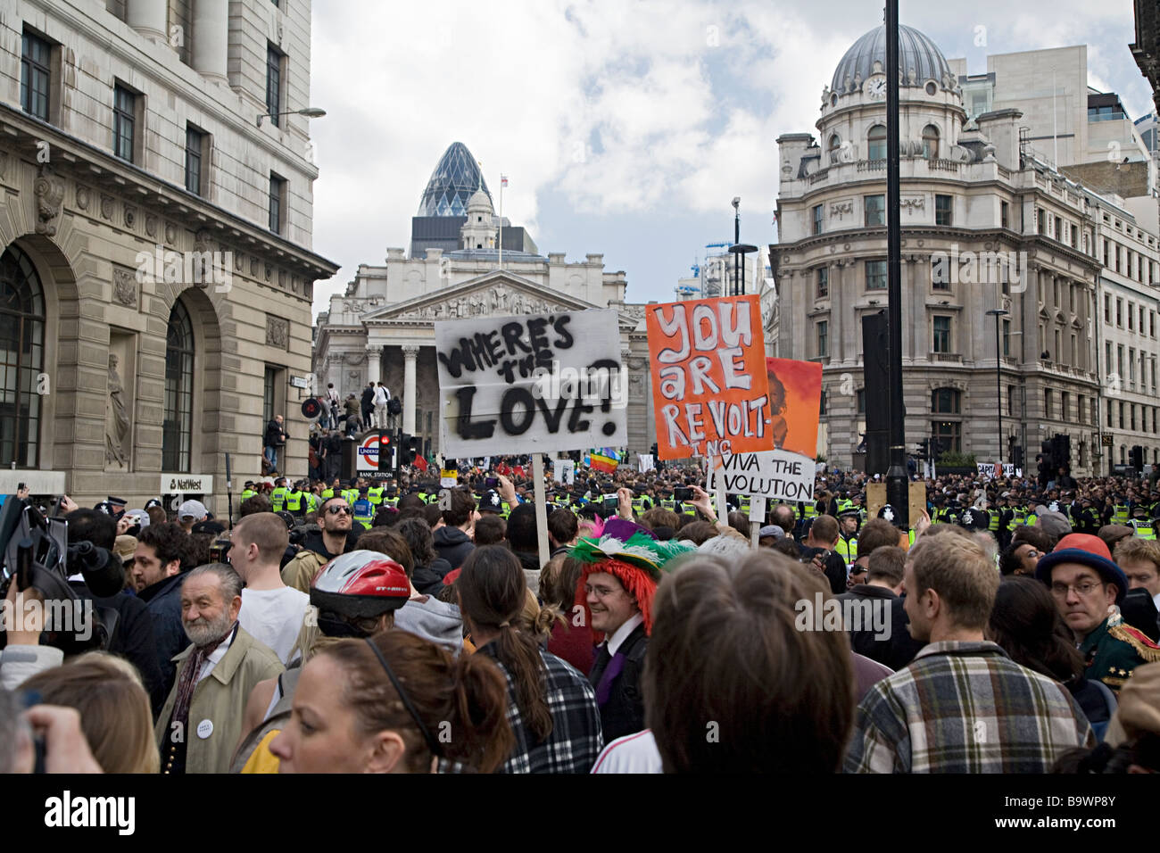 Crowd of protestors during the g20/financial fools day protests, London 2009 Stock Photo