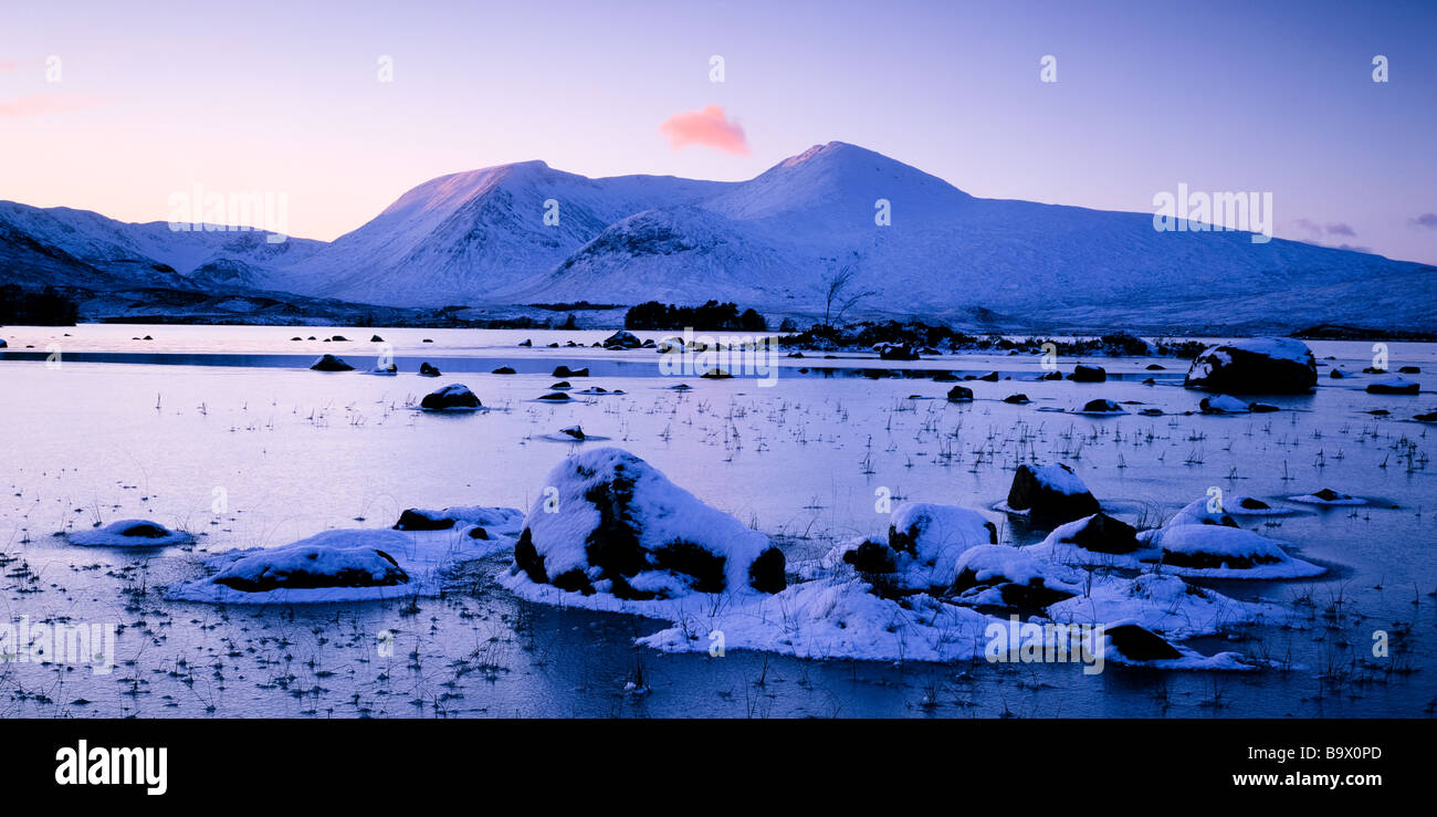 Winter sunset, Lochan nah Achlaise and Black Mount.  Scottish Highlands. Stock Photo