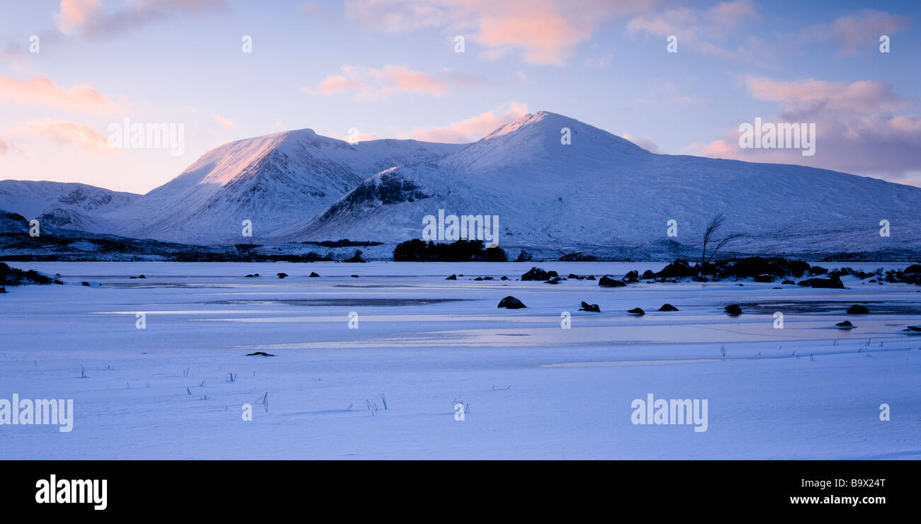 Winter sunset, Lochan nah Achlaise and Black Mount.  Scottish Highlands. Stock Photo