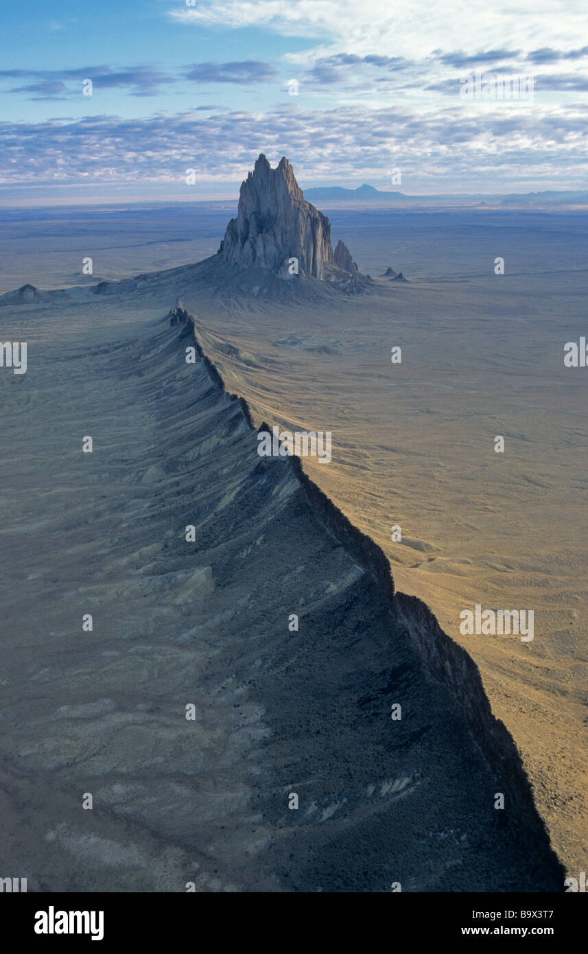 Aerial view of Shiprock an ancient volcanic neck with radiating dikes