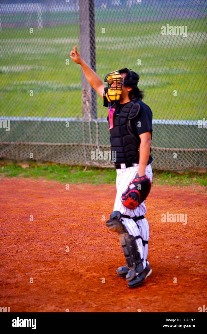 Baseball catcher making gesture Stock Photo Alamy
