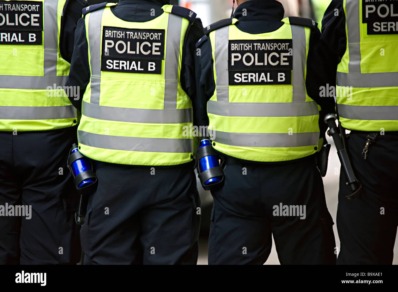A line of British transport policemen during the g20 protests, London UK Stock Photo
