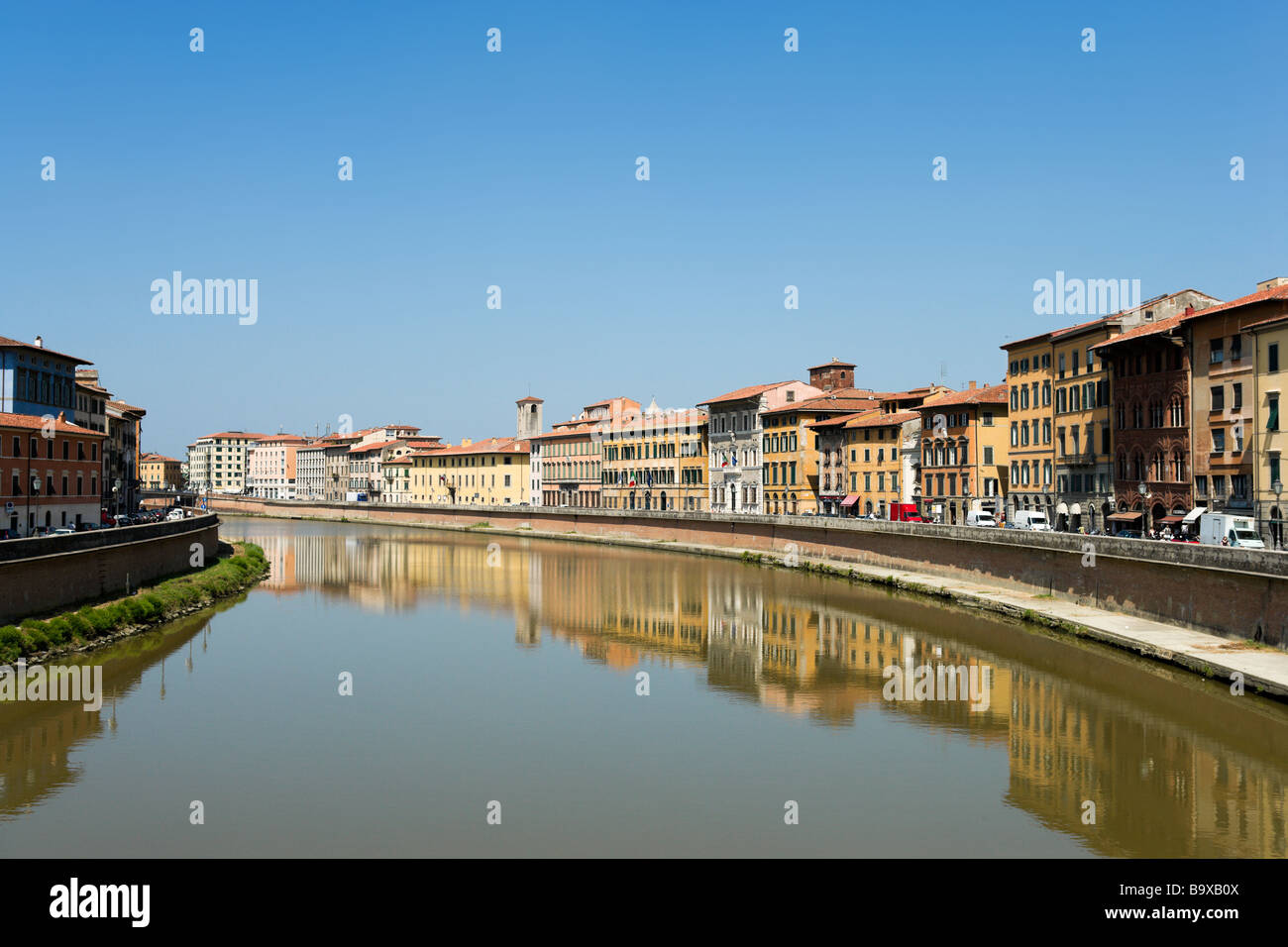 View of the River Arno from the Ponte di Mezzo in the old town, Pisa, Tuscany, Italy Stock Photo