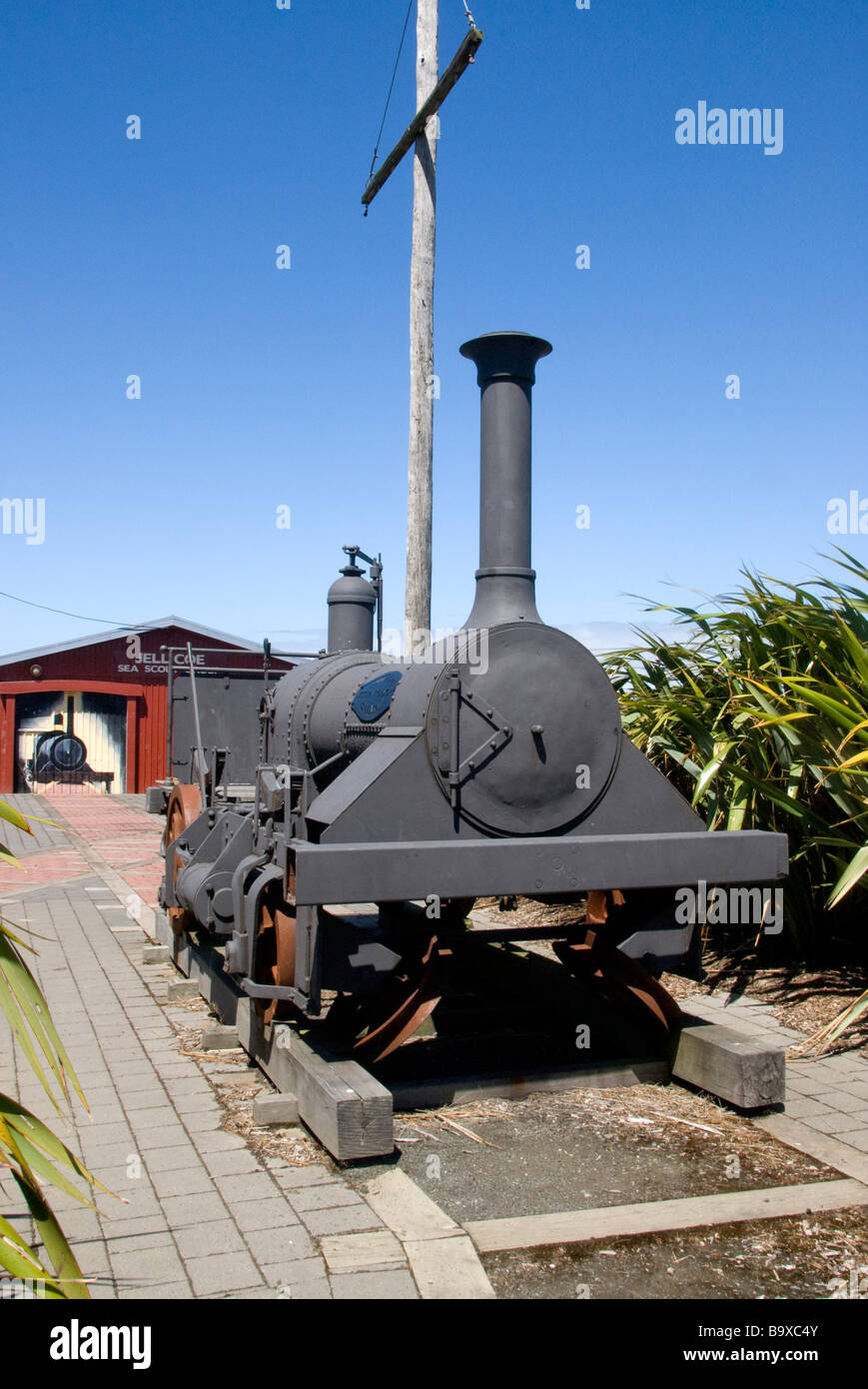 Steam railway locomotive on wooden tracks, Invercargill, Southland, New Zealand Stock Photo