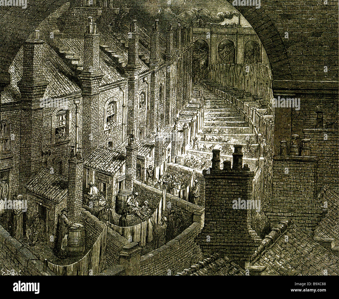 SLUMS IN VICTORIAN LONDON as drawn by Gustave Dore Stock Photo